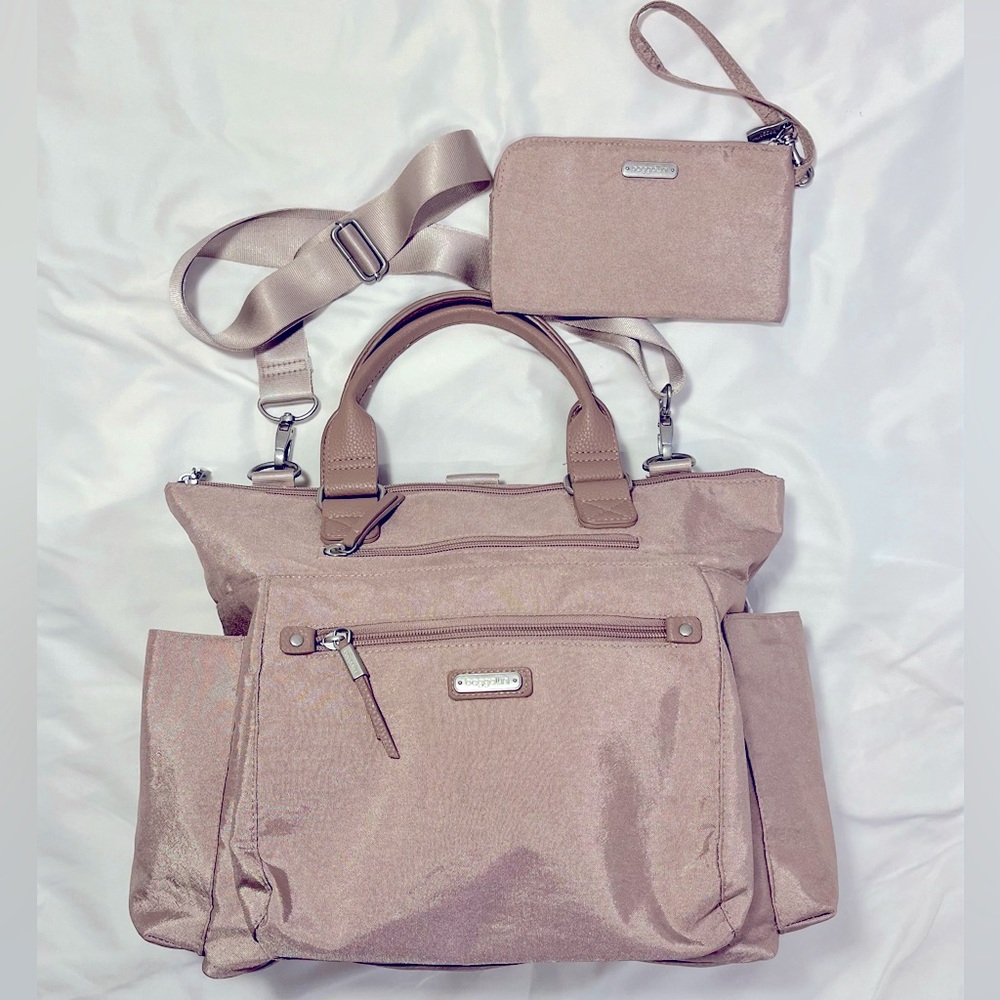 Baggallini 3-in-1 convertible backpack tote bag with RFID wristlet Blush Shimmer